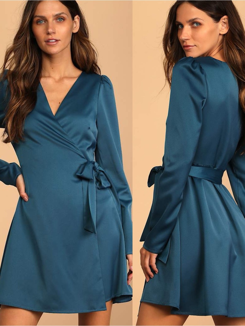 Lulus | Festive Forever Teal Blue Satin Long Sleeve Wrap Mini Dress